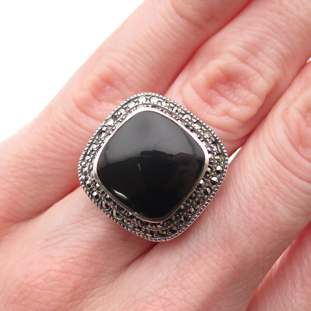 Judith Jack 925 Sterling Silver Vintage Real Black Onyx & Marcasite Ring Size 6